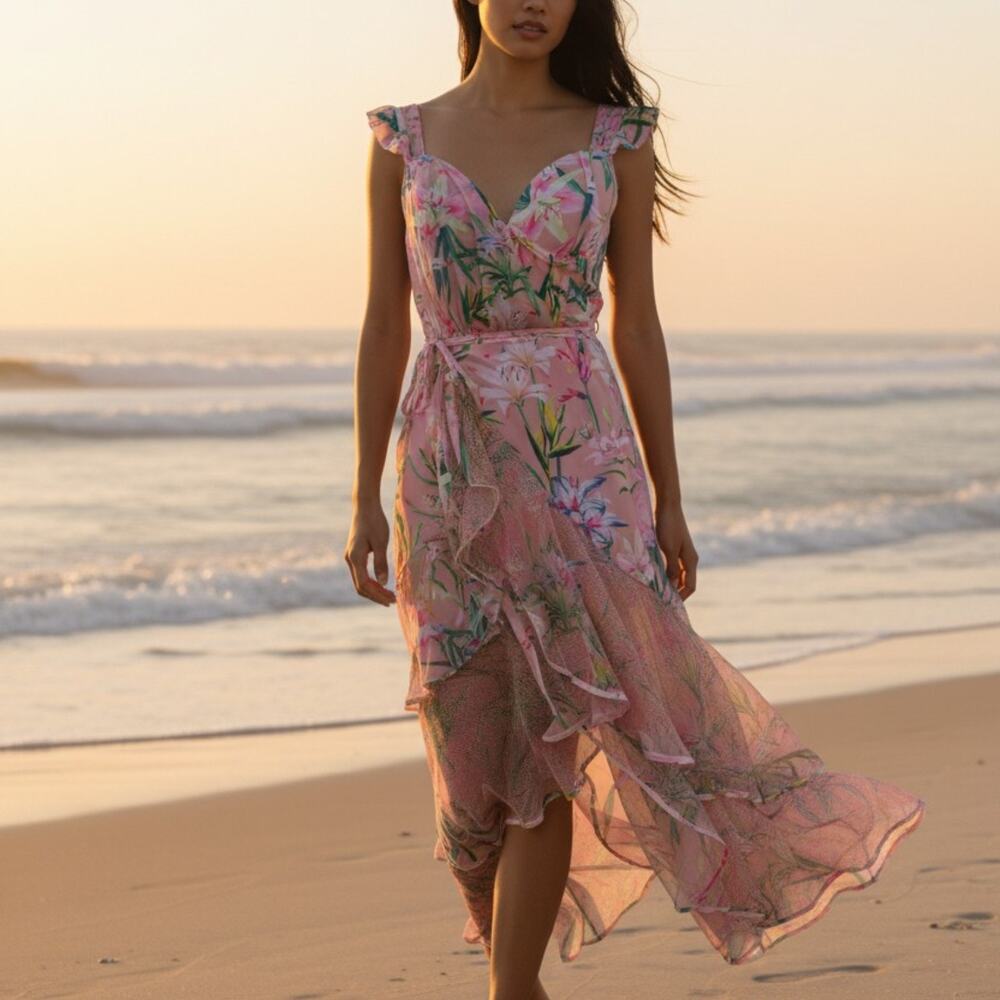 Tropical Pink Ruffled Corset One Piece Wrap Skirt Swimsuit Women's Size L NWT